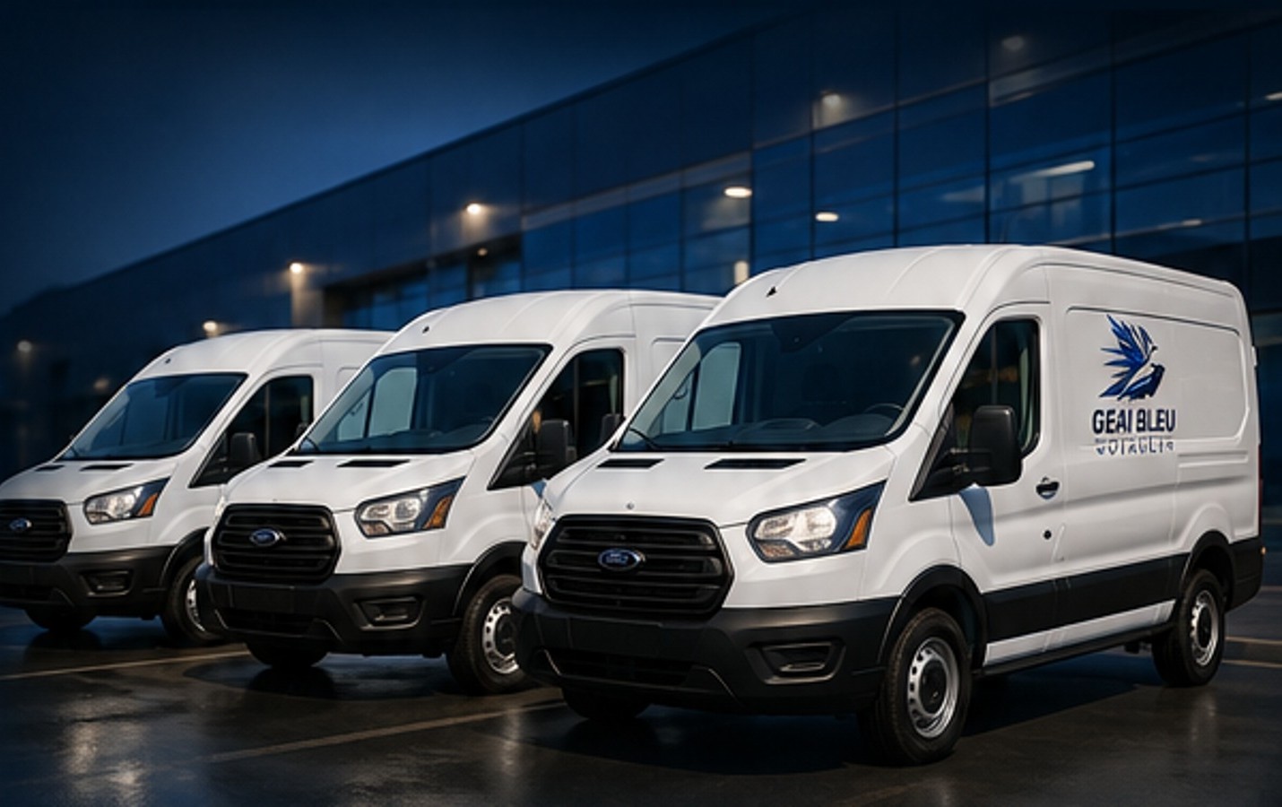 Fourgons Ford Transit aux couleurs de Geai Bleu Voyageur prêts à prendre la route